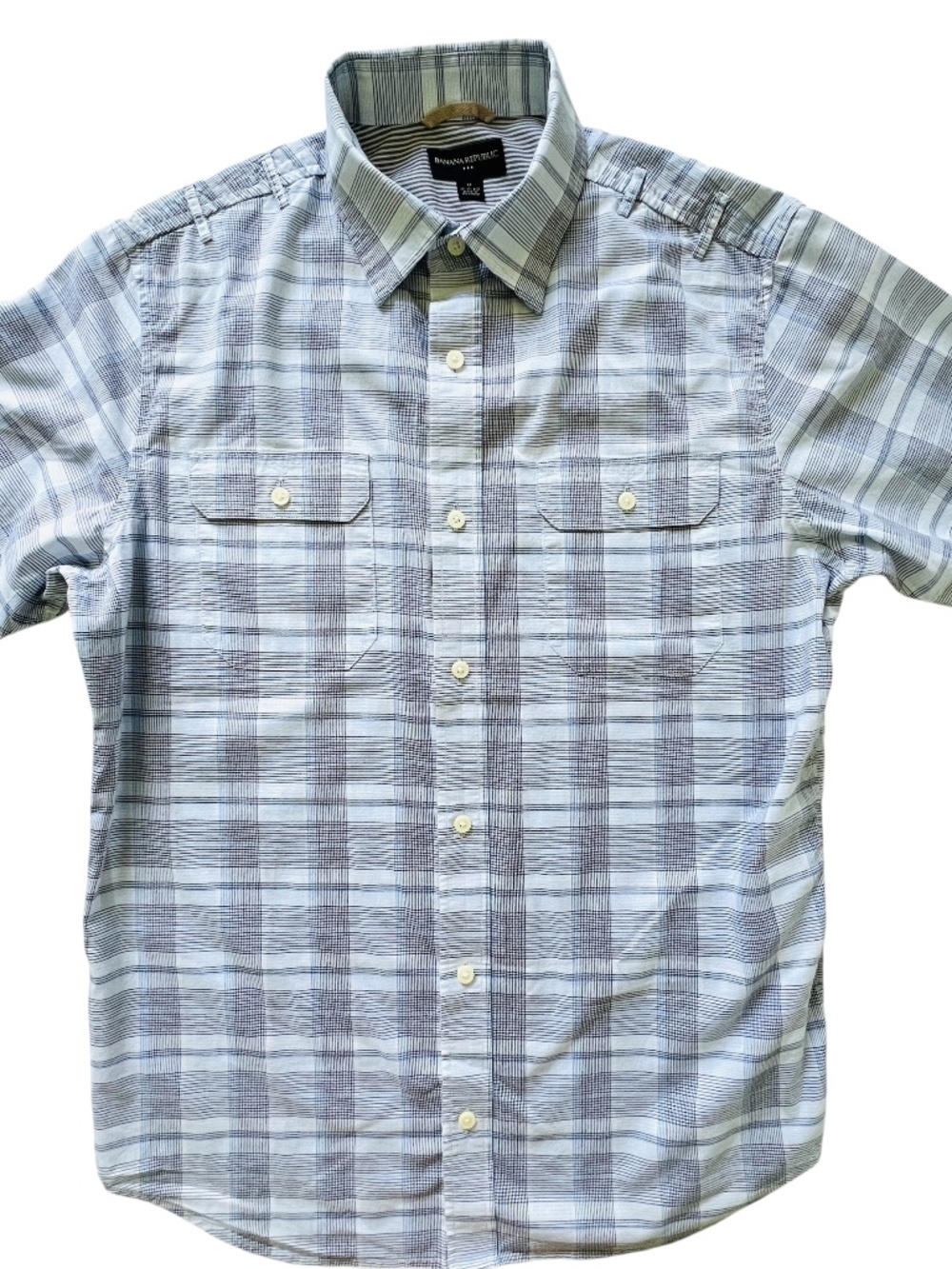 Banana Republic Shirt Size Med Short Sleeve Button Up Blue & White Plaid Retro